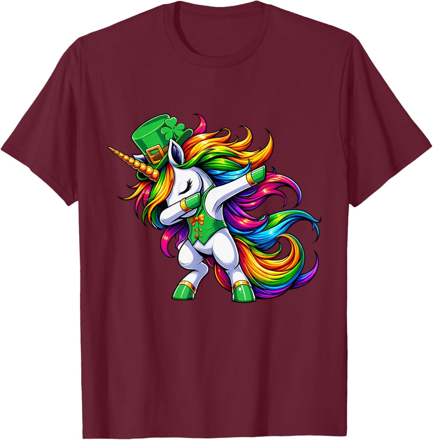 St Patricks Day Girls Women Boys Dabbing Unicorn Leprechaun T-Shirt - T-Shirt | Maroon