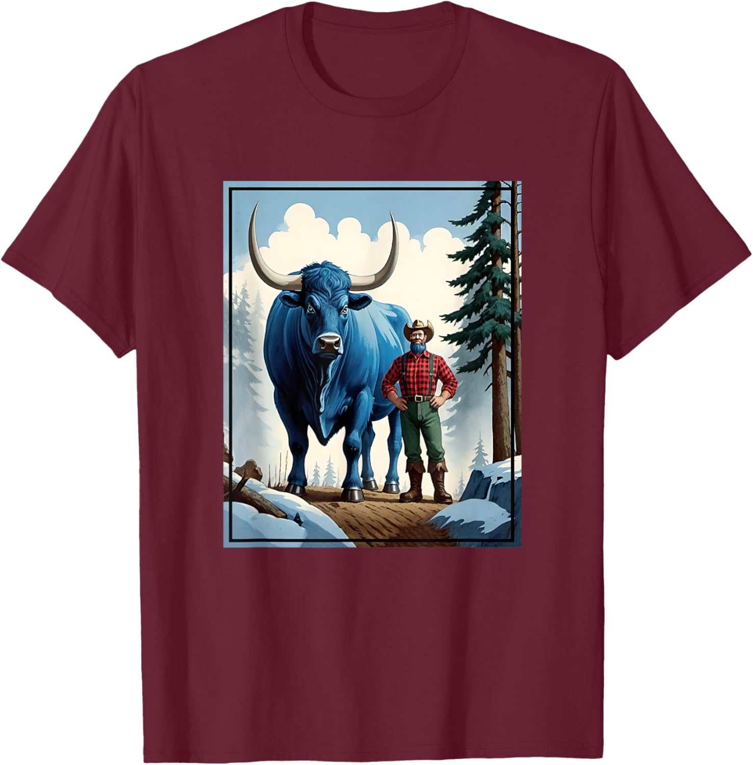 American Lumberjack Folk Hero Paul Bunyan & Babe The Giant Blue Ox in The Woods T-Shirt - T-Shirt | Maroon