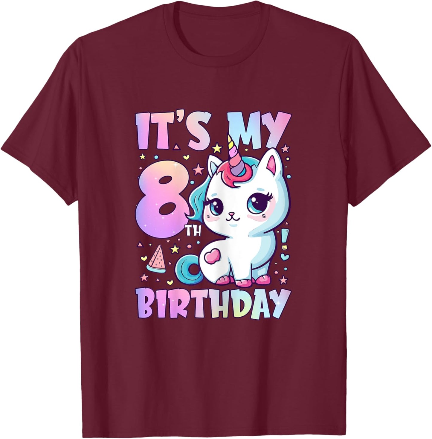 8th Birthday Shirt For Girls 8 Year Old Cat Unicorn Birthday T-Shirt - T-Shirt | Maroon