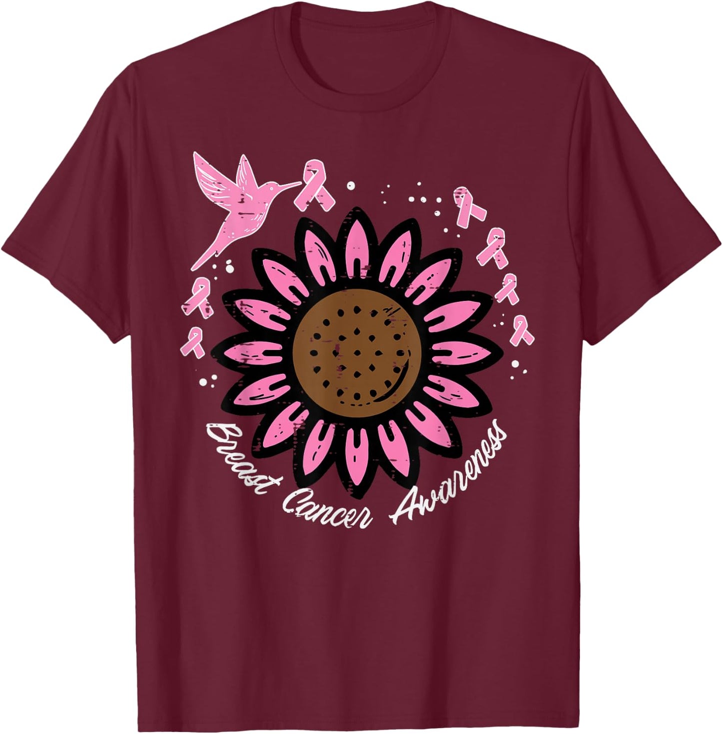 Hummingbird Sunflower Breast Cancer Awareness Women T-Shirt - T-Shirt | Maroon