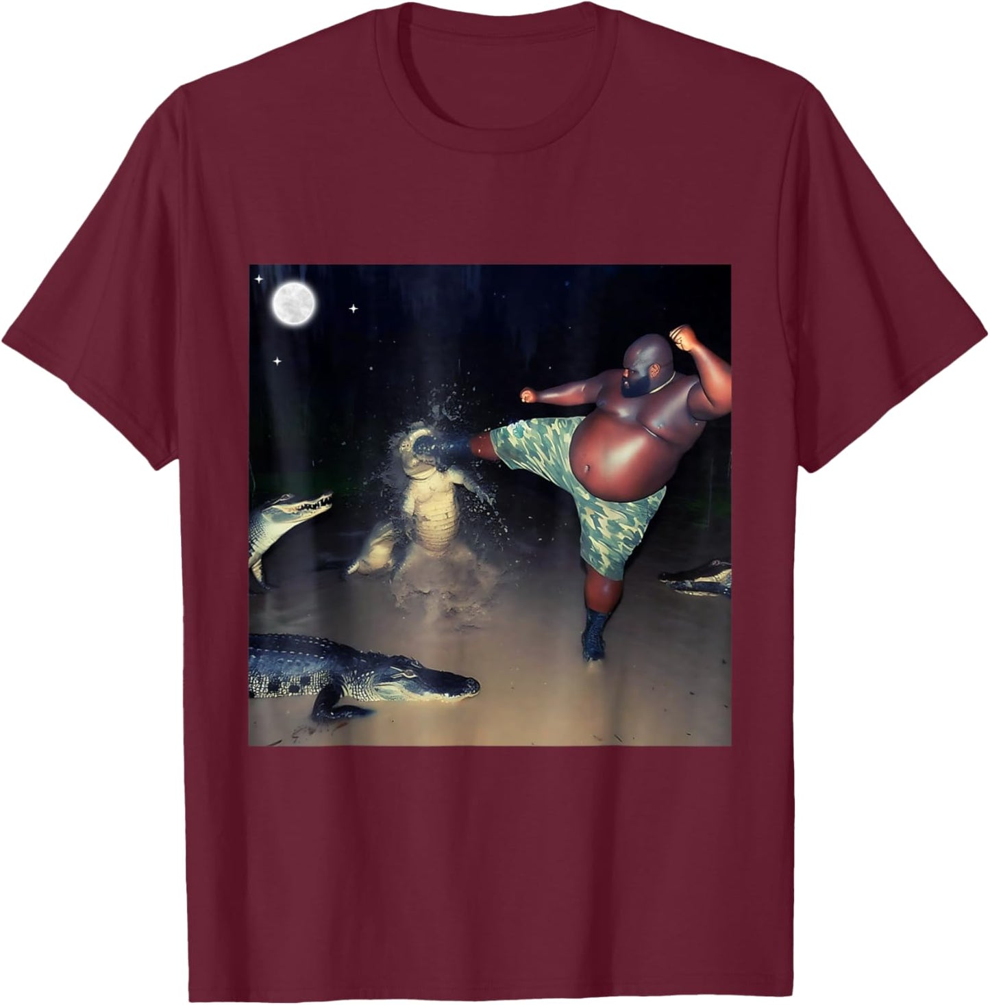 Man Kicking Alligator In Swamp Funny Oddly Meme Humor T-Shirt - T-Shirt | Maroon