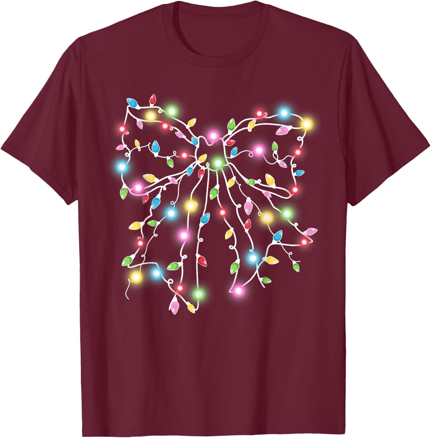 Colorful Christmas Lights Coquette Bow Holiday Women Girls T-Shirt - T-Shirt | Maroon