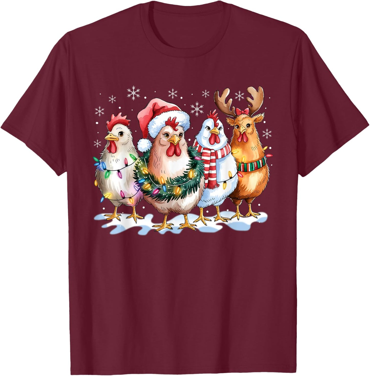 Funny Chicken Santa Hat Reindeer Christmas Lights Ornaments T-Shirt - T-Shirt | Maroon