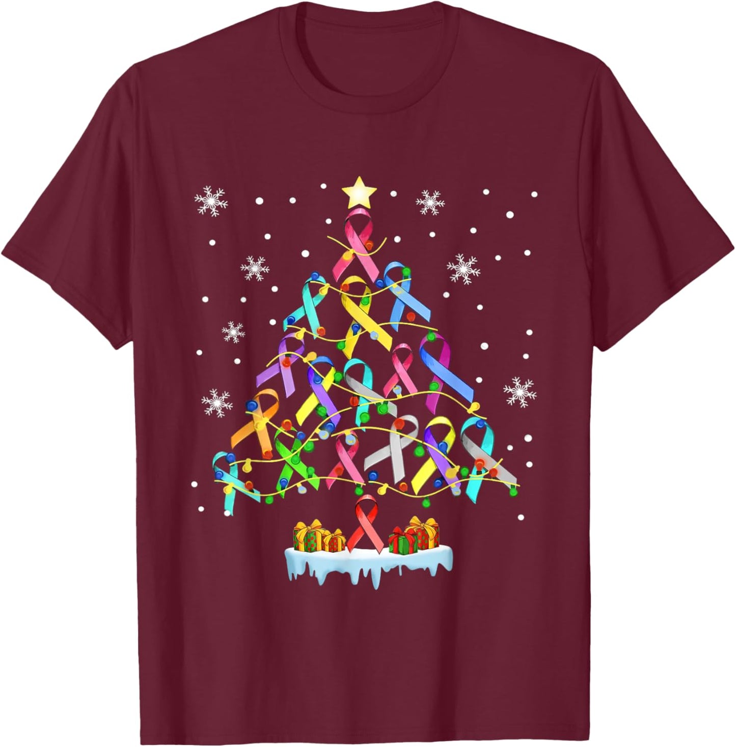 Hope Fight Cancer Christmas Tree Ribbon Christmas Awareness T-Shirt - T-Shirt | Maroon