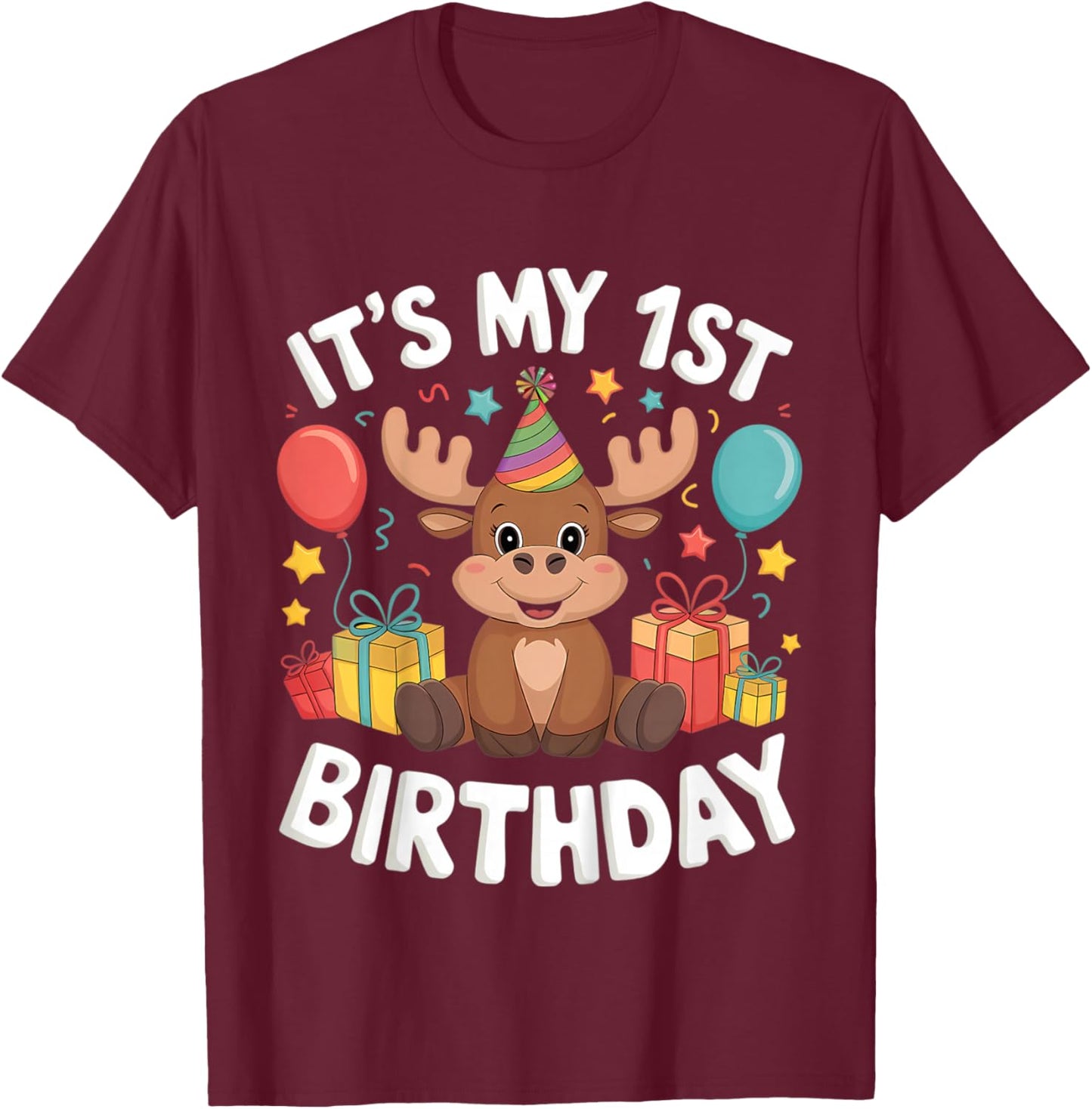 Kids 1st Birthday Moose Party Design T-Shirt - T-Shirt | Maroon