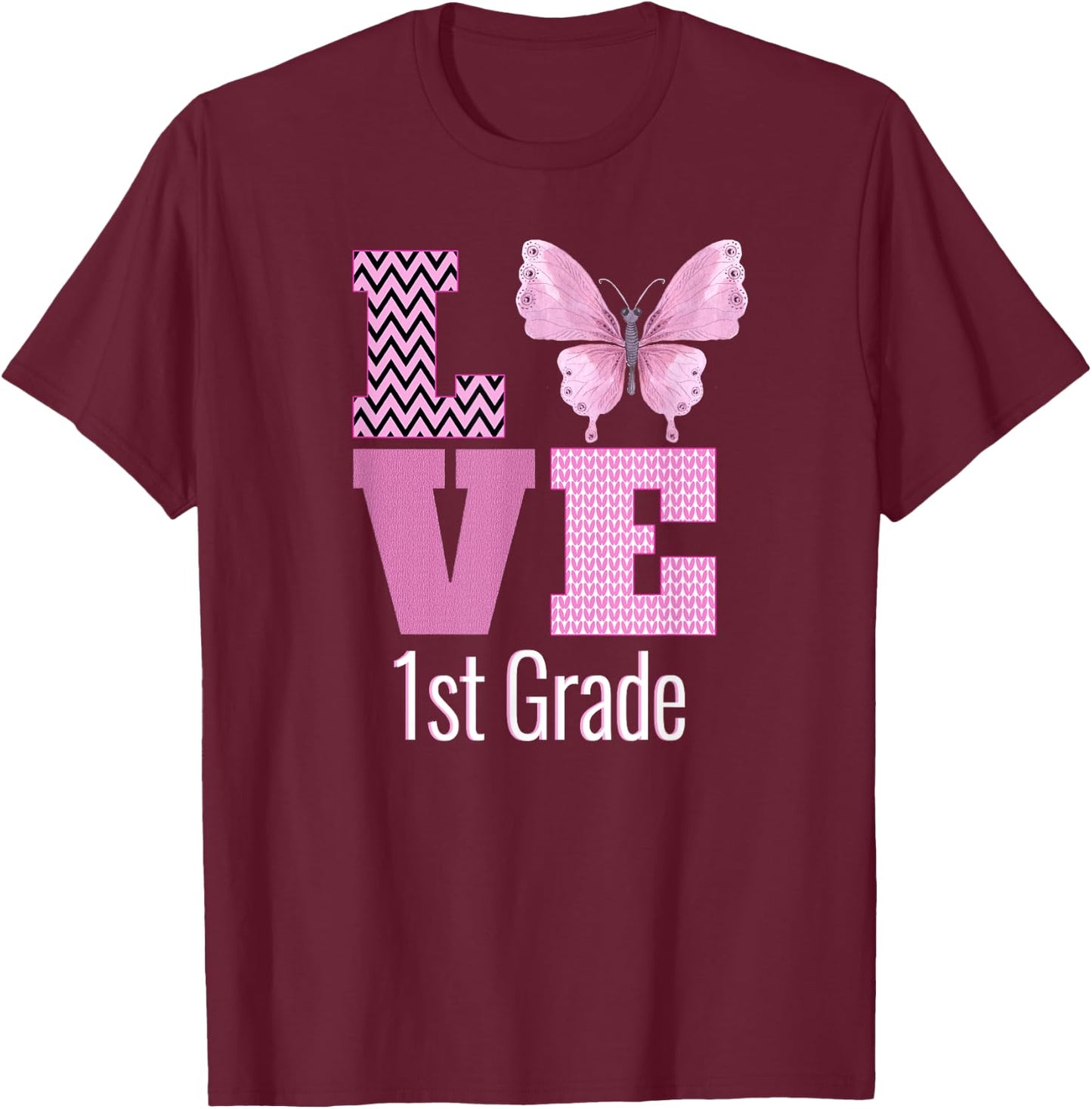 Love 1st Grade Purple Butterfly First Grade Teacher T-Shirt - T-Shirt | Maroon