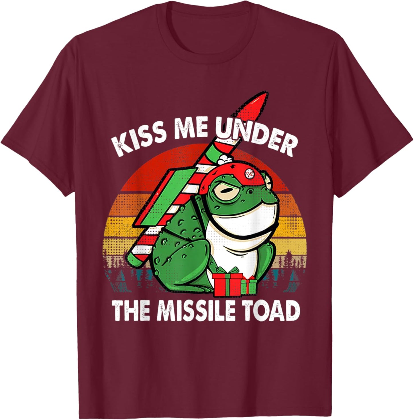 Retro Kiss Me Under The Missile Toad Funny Xmas Holiday T-Shirt - T-Shirt | Maroon