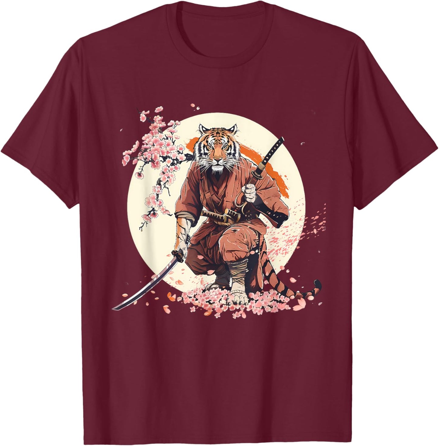 Samurai Tiger Sakura Tree Floral Anime Japanese Ninja Tiger T-Shirt - T-Shirt | Maroon