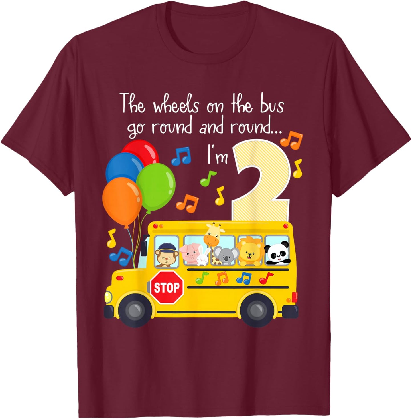 The Wheels On The Bus 2nd Birthday 2 Yrs Old Family Matching T-Shirt - T-Shirt | Maroon