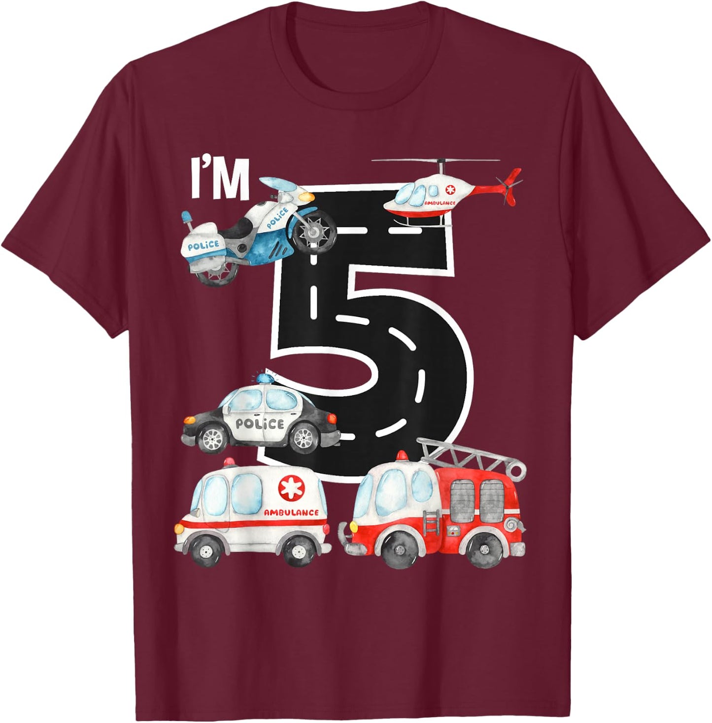 Emergency Vehicles 5th Birthday Fire Truck Police Car Boys T-Shirt - T-Shirt | Maroon