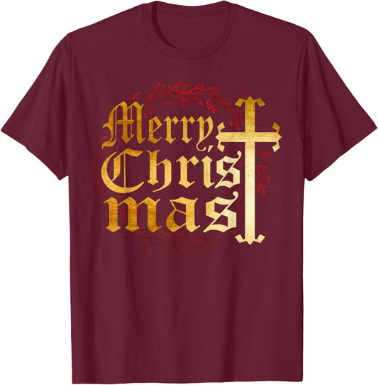 Merry Christmas Christian Cross Religious Family Matching T-Shirt - T-Shirt | Maroon