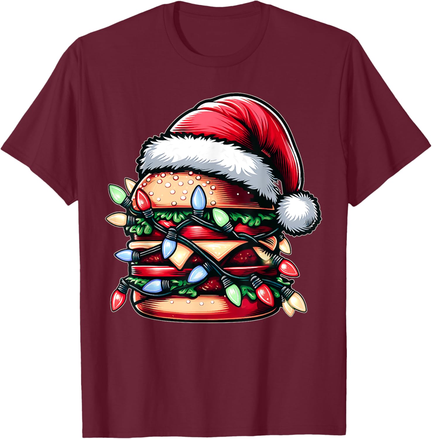 Burger Hamburger Christmas Hat Xmas T-Shirt - T-Shirt | Maroon