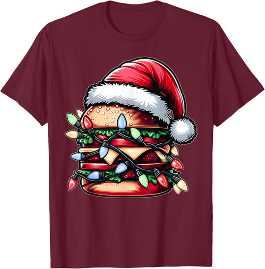 Burger Hamburger Christmas Hat Xmas T-Shirt - T-Shirt | Maroon