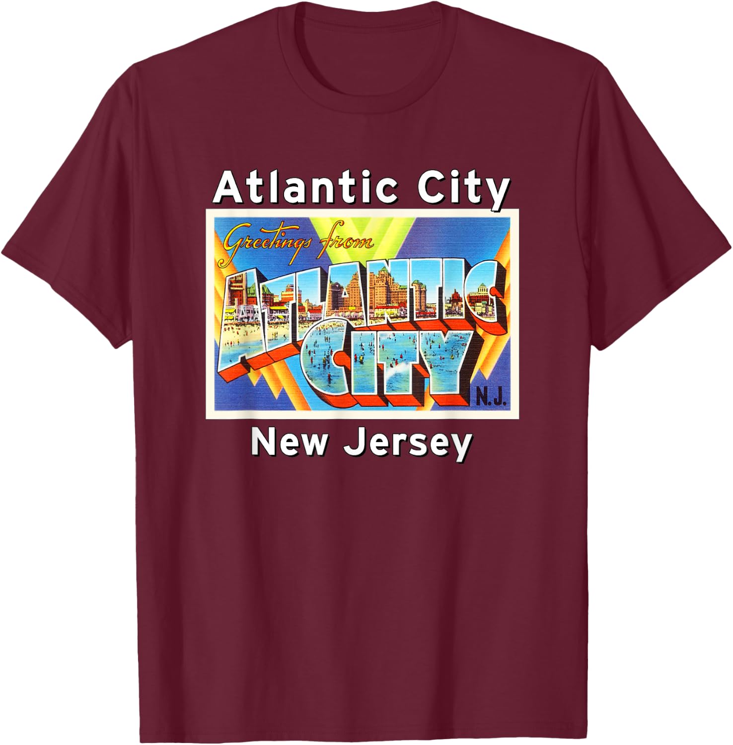 Atlantic City New Jersey NJ Large Letter Postcard 2 Gift T-Shirt - T-Shirt | Maroon