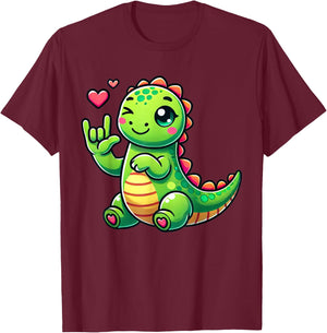 Cute Dinosaur Love You Hand Sign Language ASL T-Shirt - T-Shirt | Maroon