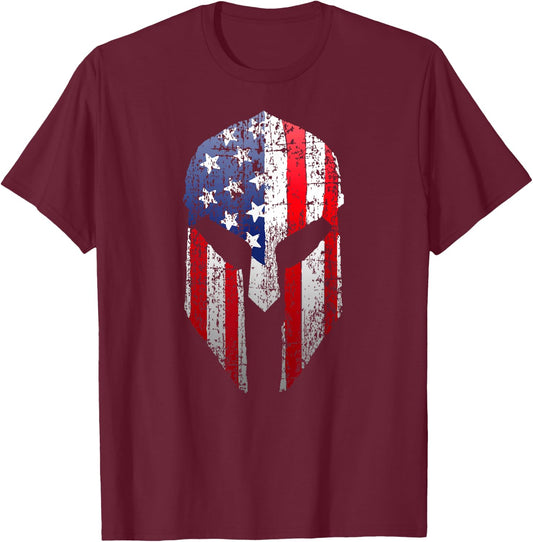 Patriotic American Spartan Warrior USA Flag Helmet T-Shirt - T-Shirt | Maroon