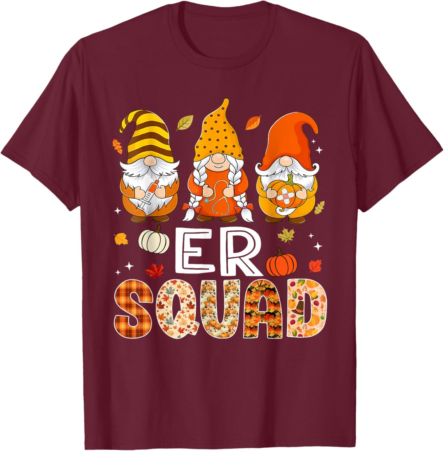 ER Squad Gnome Nurse Leopard Thanksgiving Fall Stethoscope T-Shirt - T-Shirt | Maroon