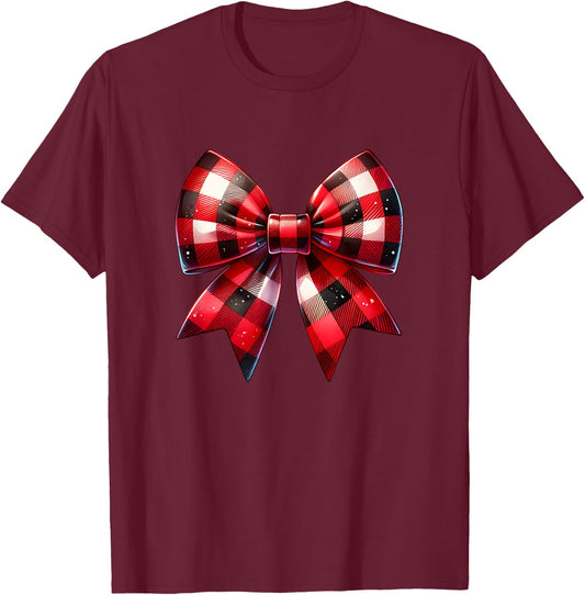 Coquette Bow Christmas Red Buffalo Plaid Xmas T-Shirt - T-Shirt | Maroon