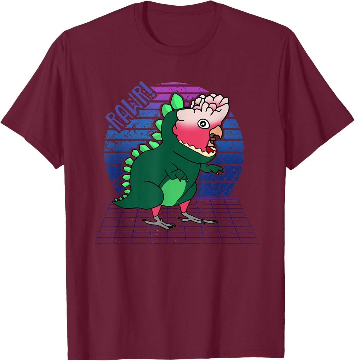 Funny Birb, Vaporwave Rose breasted Galah Cockatoo Dinosaur T-Shirt - T-Shirt | Maroon