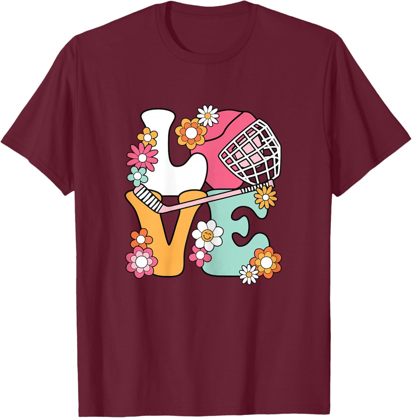 Groovy Hockey Love Ice Hockey Lover Women Girls Cute Hockey T-Shirt - T-Shirt | Maroon