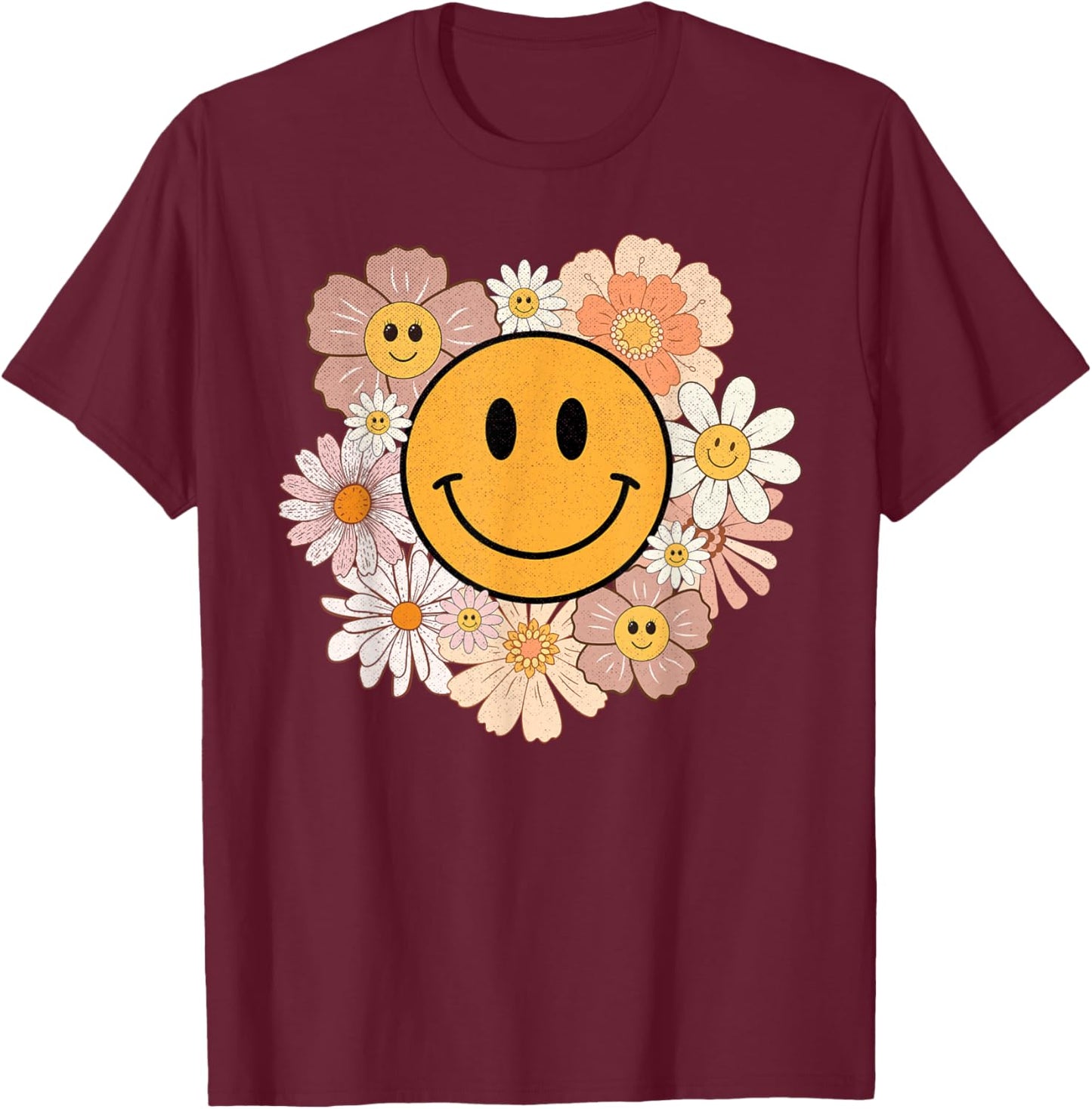 Retro Groovy Smile Happy Face Cute Hippie Flowers 70s T-Shirt - T-Shirt | Maroon