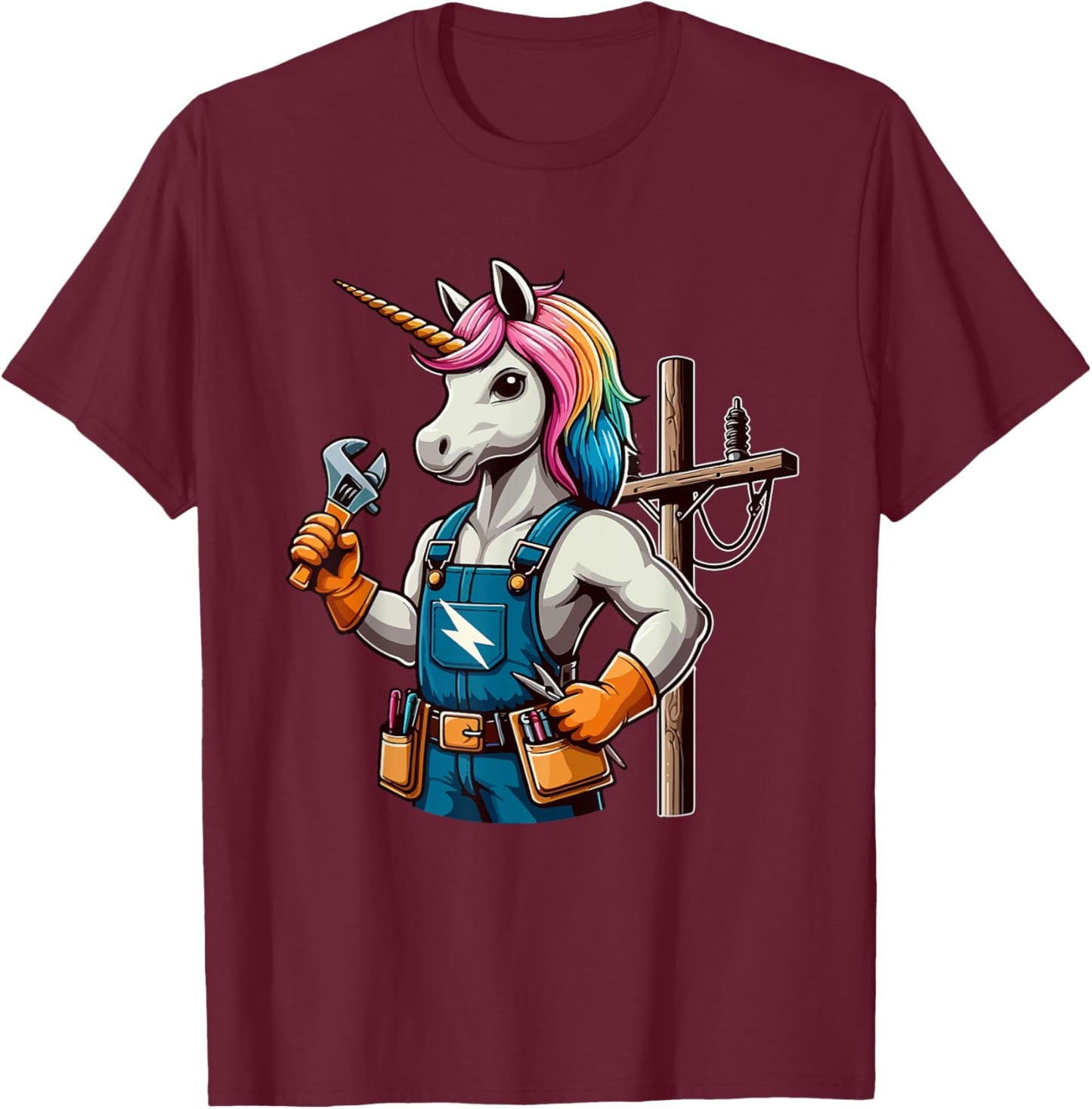 Electrician Job Matching Team Costume Colorful Unicorn Lover T-Shirt - T-Shirt | Maroon