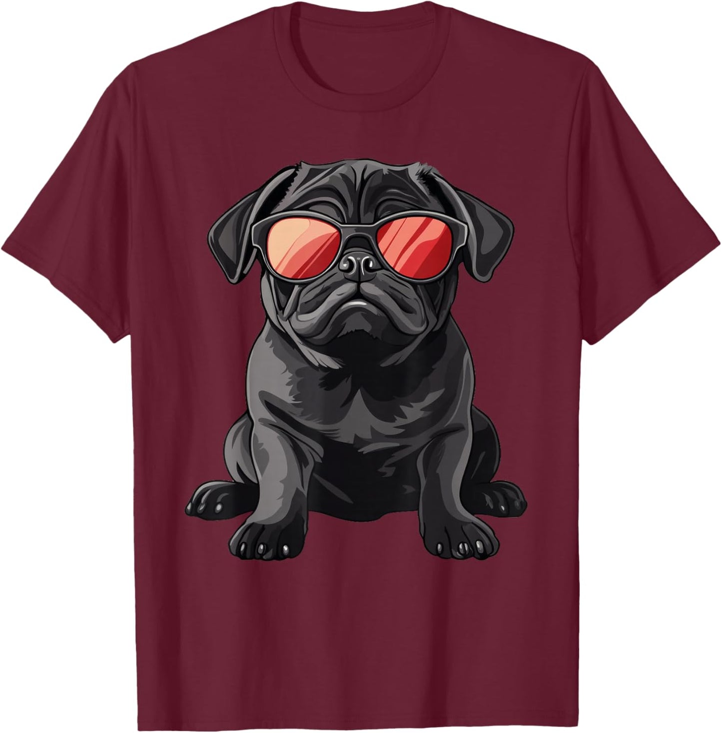 Black Pug Wearing Sunglasses Dog T-Shirt - T-Shirt | Maroon