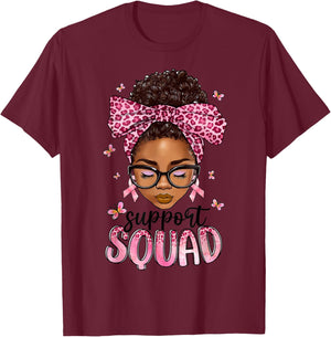 Support Squad Breast Cancer Awareness Messy Bun Black Woman T-Shirt - T-Shirt | Maroon