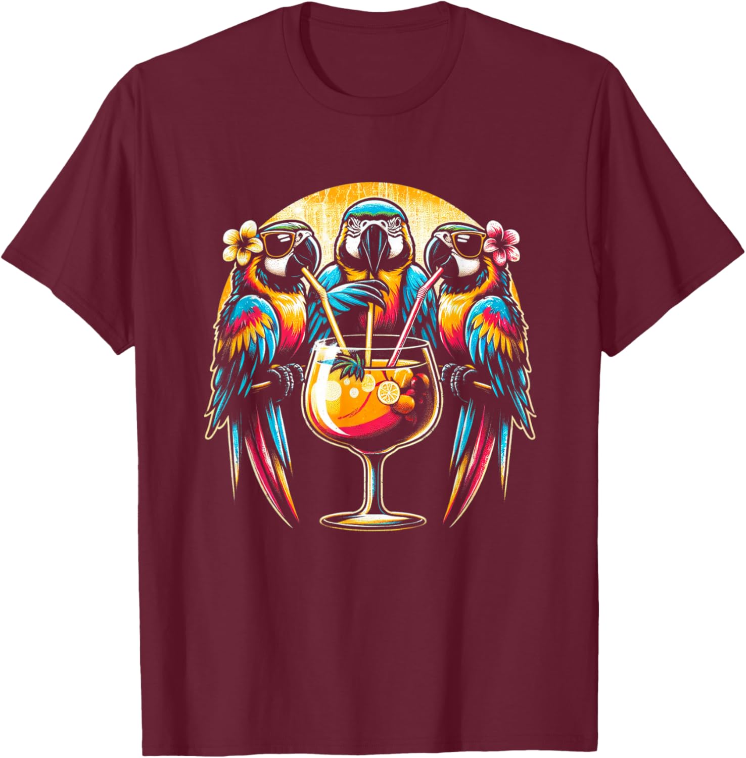 Parrots Drinking Margarita Tropical Birds Vacation Hawaiian T-Shirt - T-Shirt | Maroon