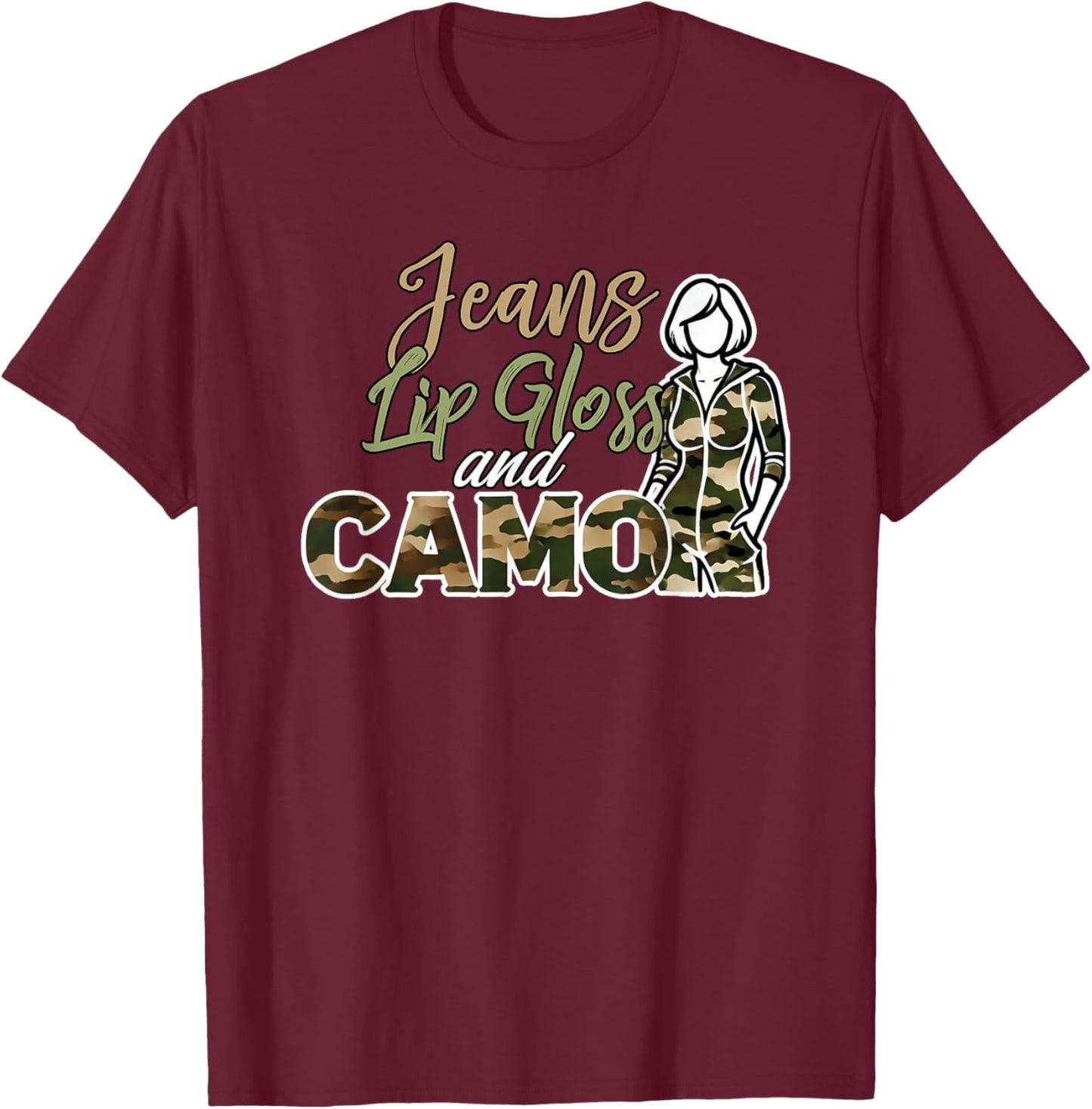 Jeans Lip Gloss and Camo Camouflage Graphic Jumpsuit T-Shirt - T-Shirt | Maroon