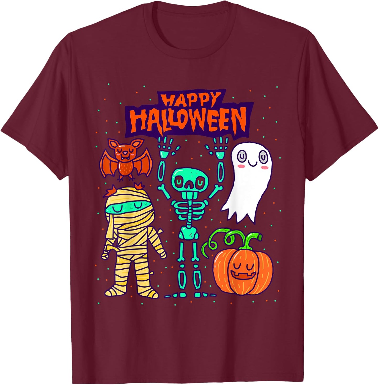 Happy Halloween Skeleton Pumpkin Ghost Cute Kids Boys Girls T-Shirt - T-Shirt | Maroon