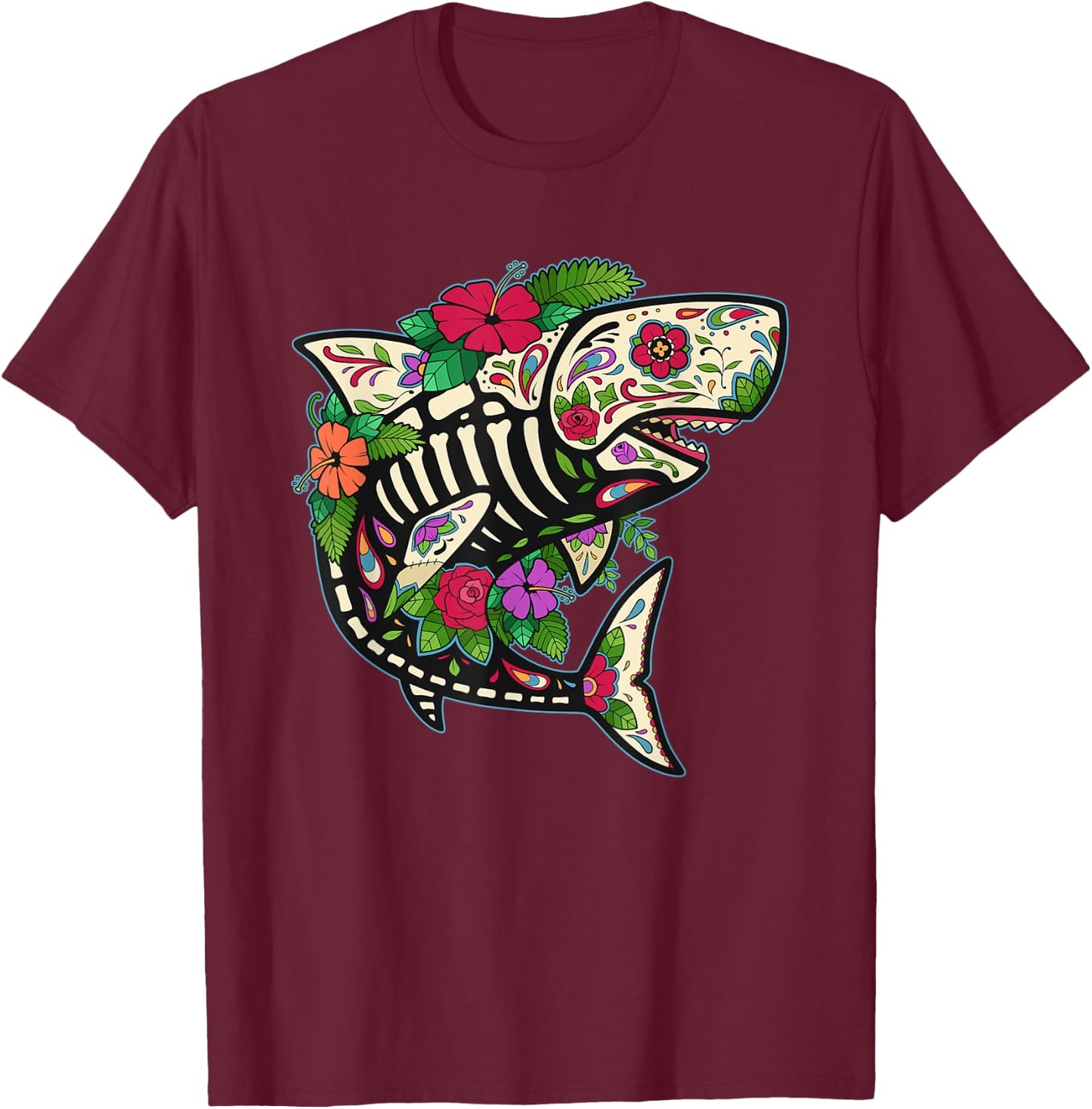 Calavera Mexico Day of the Dead Shark Sugar Skull T-Shirt - T-Shirt | Maroon