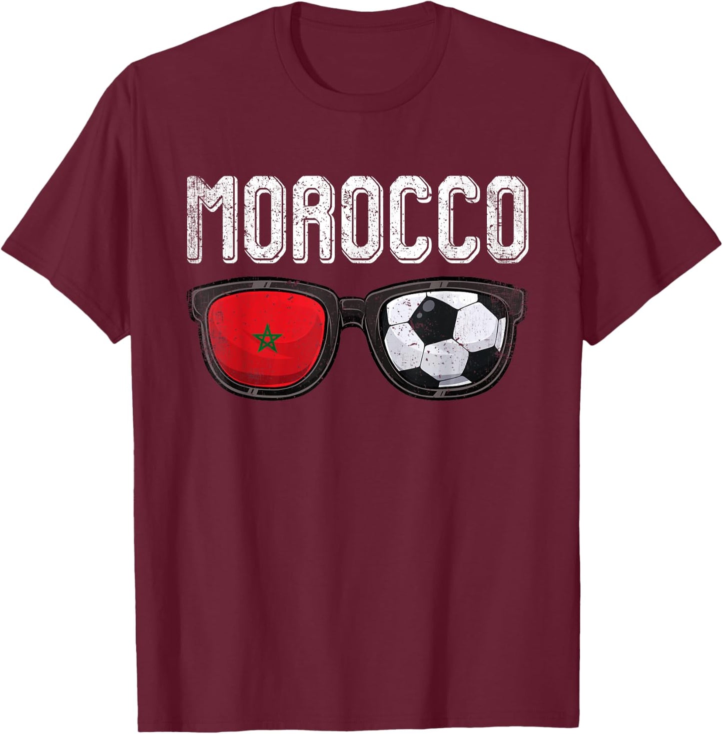 Morocco Soccer Funny Moroccan Flag Glasses Football T-Shirt - T-Shirt | Maroon