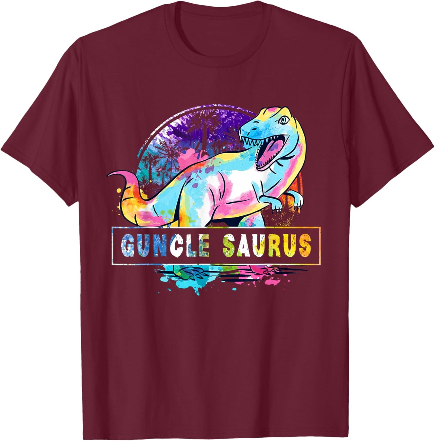 Guncle Saurus Dinosaur T Rex Rainbow Pride Color Gay Uncle T-Shirt - T-Shirt | Maroon