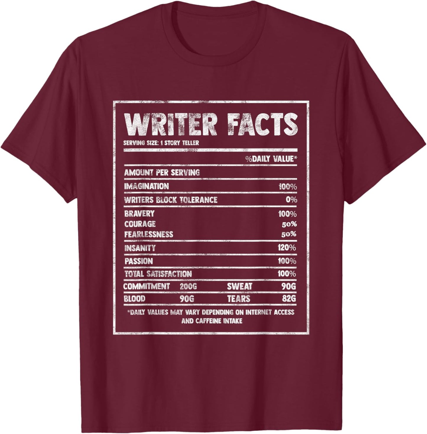 Writer Nutrition Facts Famous Novel Author Graphic Fun Gift T-Shirt - T-Shirt | Maroon