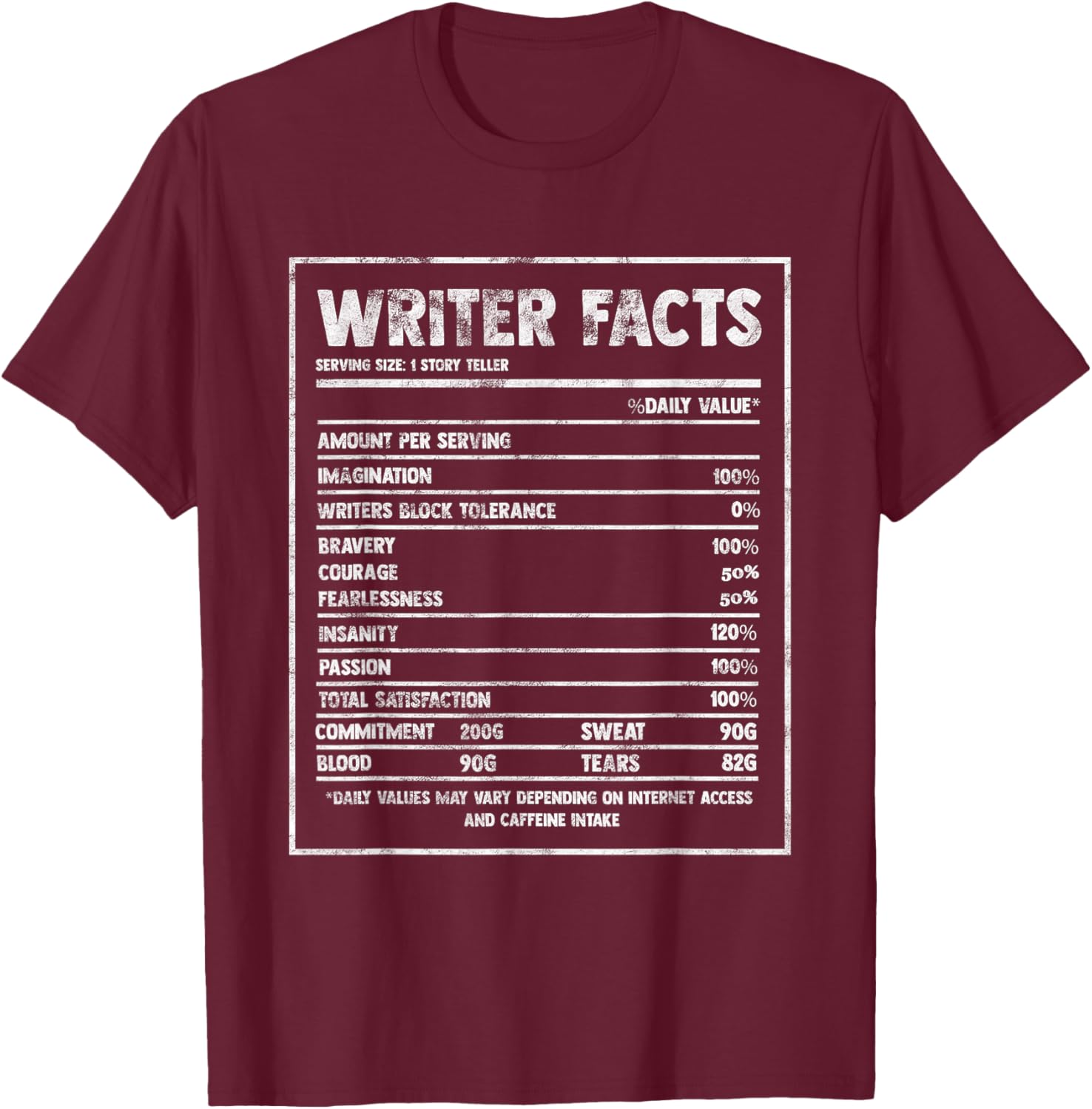 Writer Nutrition Facts Famous Novel Author Graphic Fun Gift T-Shirt - T-Shirt | Maroon