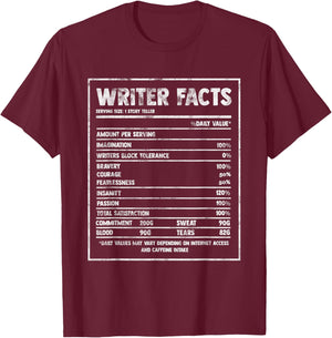 Writer Nutrition Facts Famous Novel Author Graphic Fun Gift T-Shirt - T-Shirt | Maroon