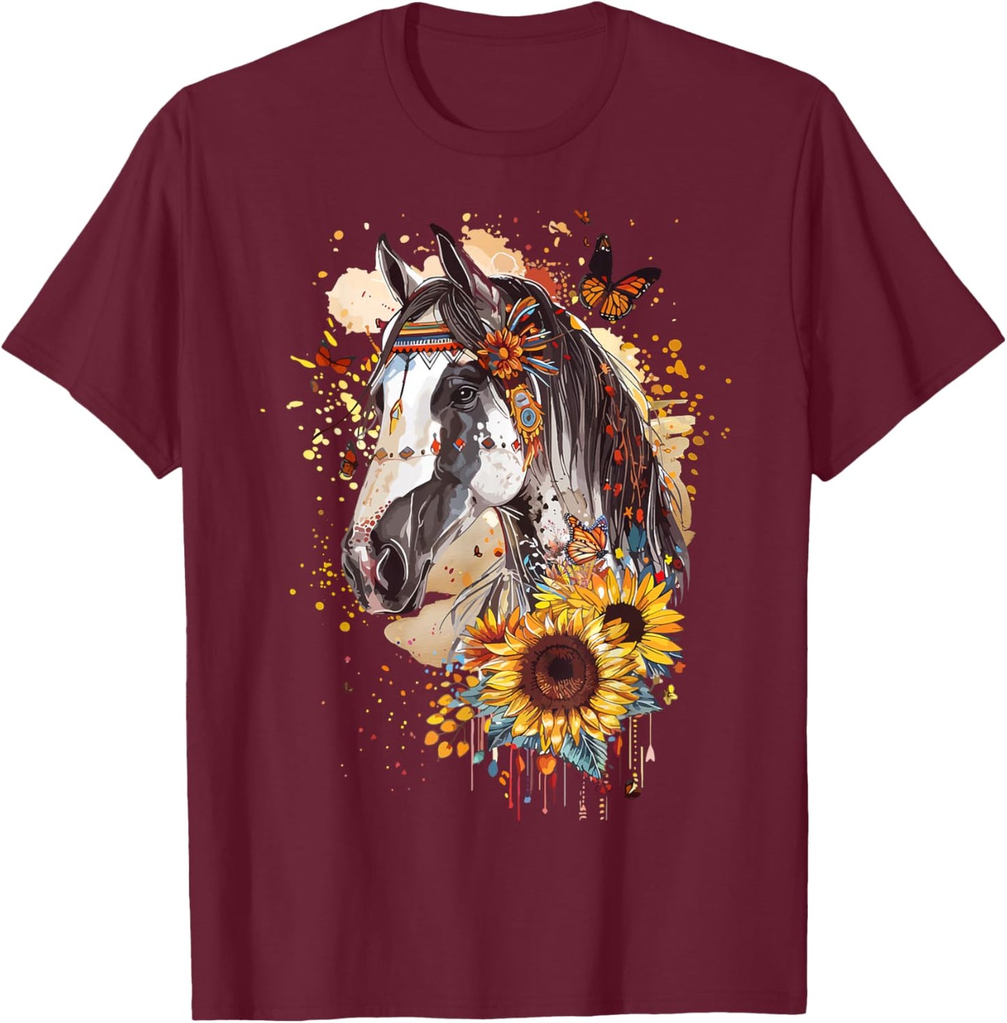 American Paint Horse Lover CowGirl Sunflower Horse Portrait T-Shirt - T-Shirt | Maroon