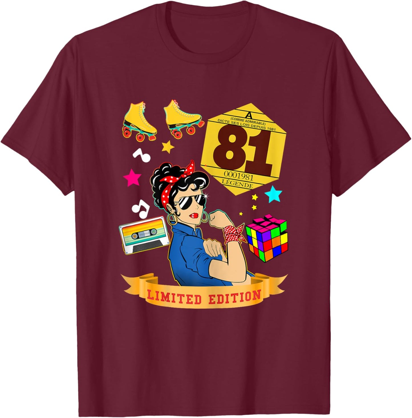 Birthday 1981 Auto Sticker Woman 44 Years Legend Vintage T-Shirt - T-Shirt | Maroon