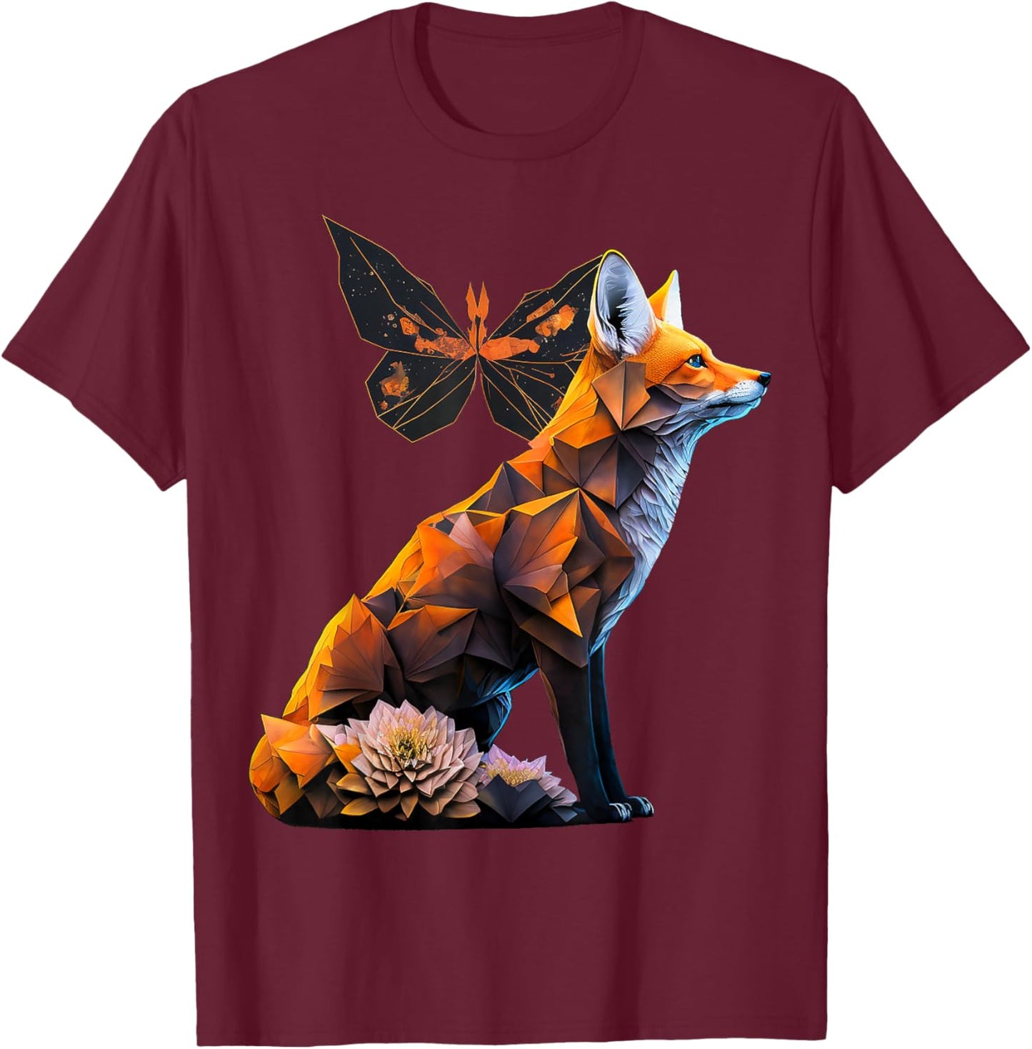 Fox Butterfly Motif Art Animal Fox T-Shirt - T-Shirt | Maroon