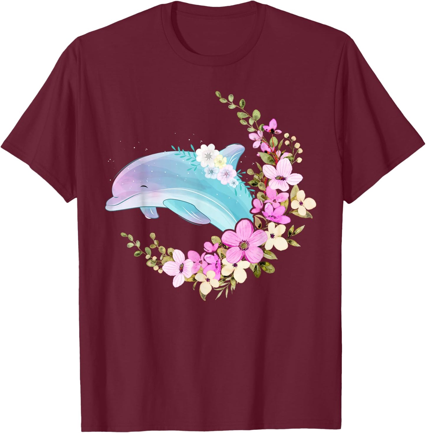 Dolphin Flower Floral T-Shirt - T-Shirt | Maroon