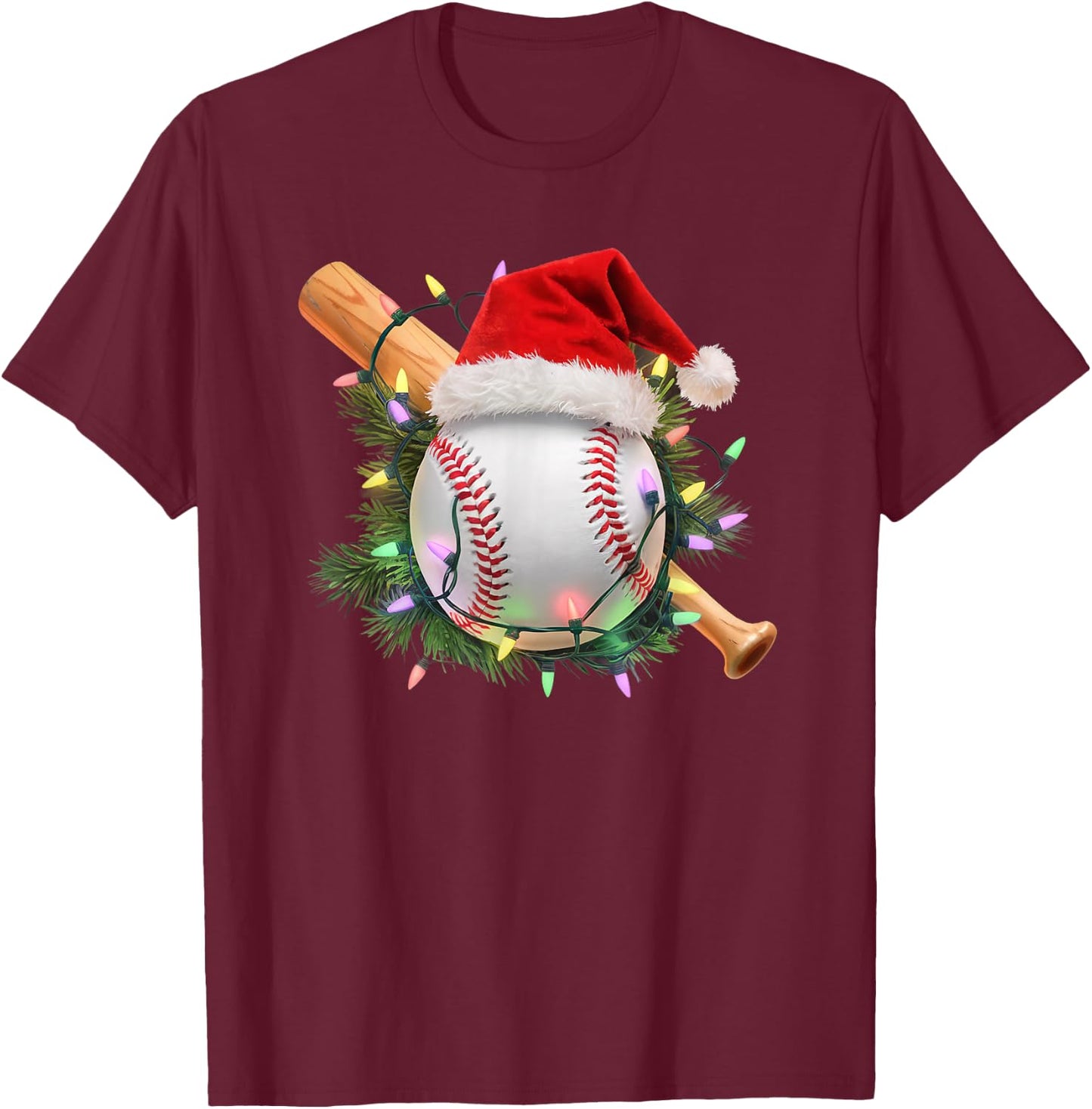 Christmas Baseball Santa Hat Holiday Lights Sports Fans T-Shirt - T-Shirt | Maroon