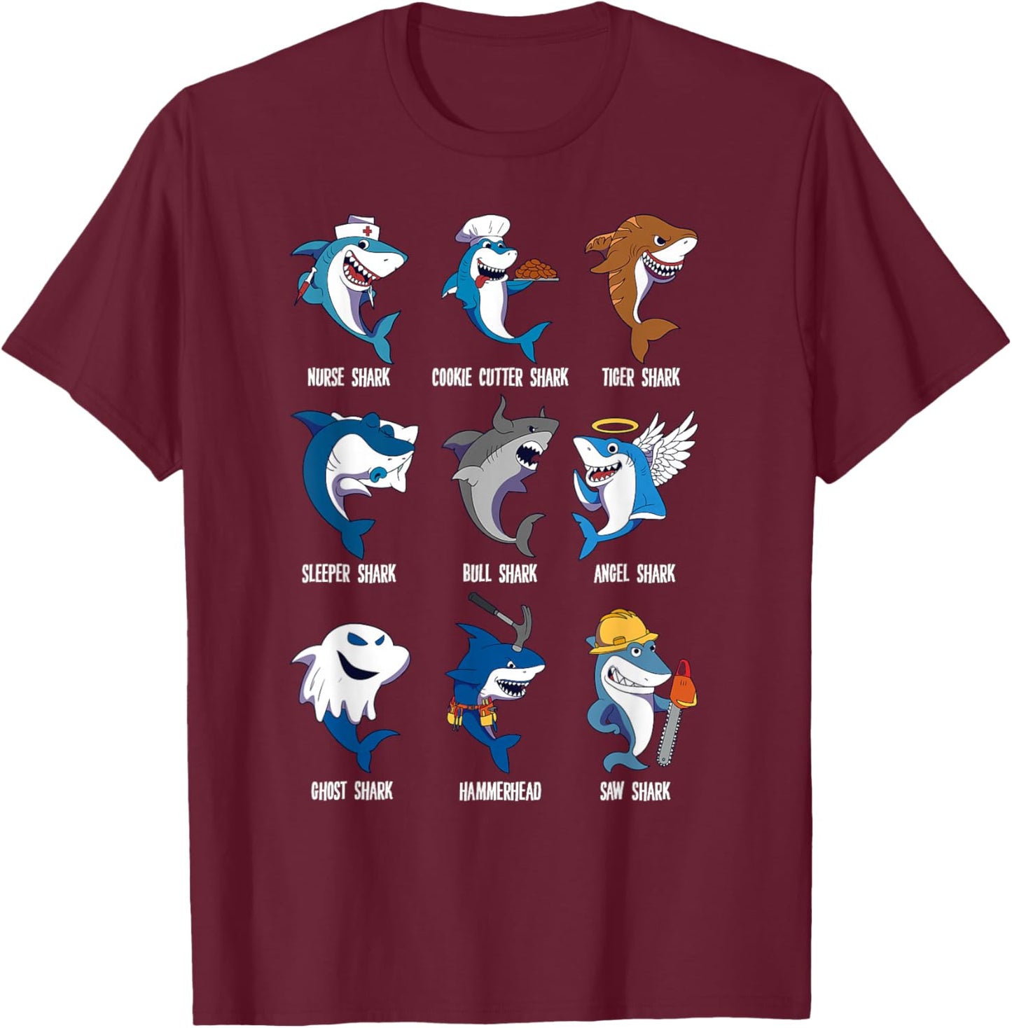 Types of Sharks Pun Ocean Marine Biology Fishing Shark Lover T-Shirt - T-Shirt | Maroon