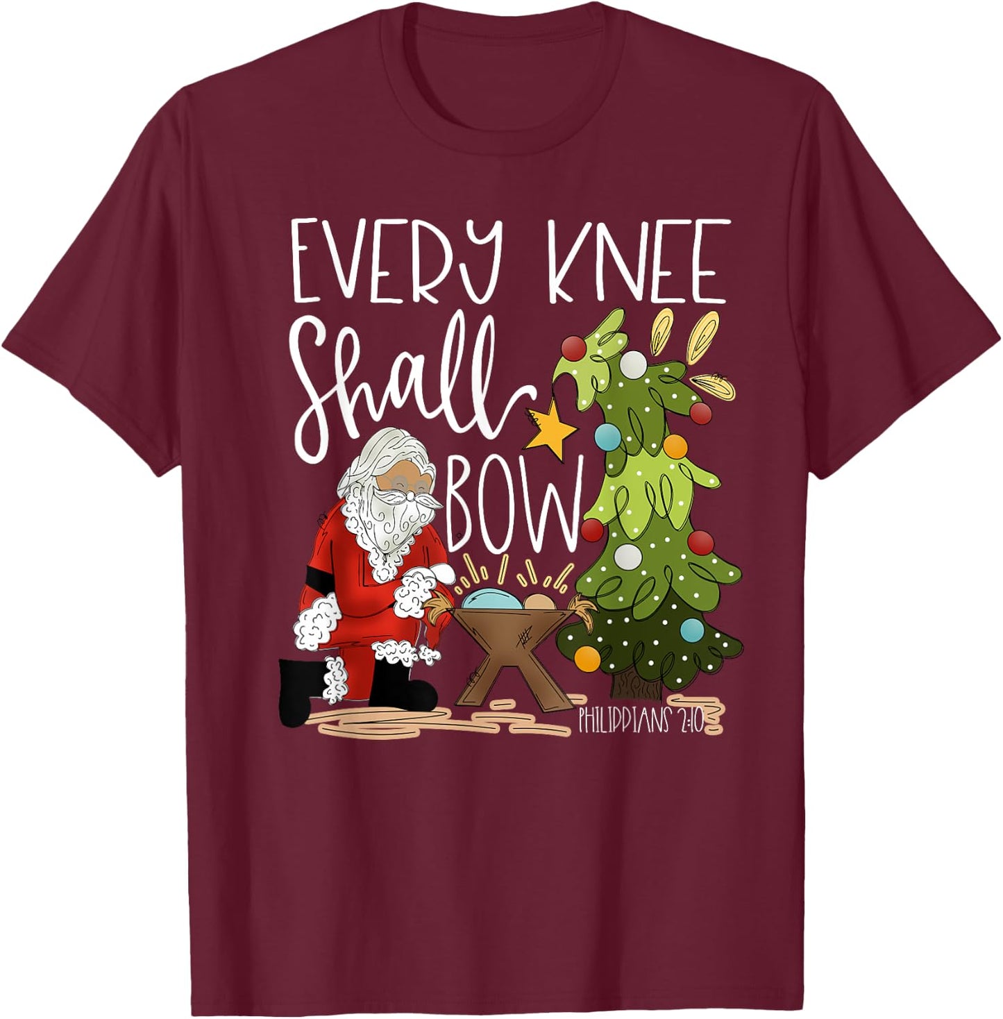 Retro Every Knee Shall Bow Santa Clause Religious Christmas T-Shirt - T-Shirt | Maroon