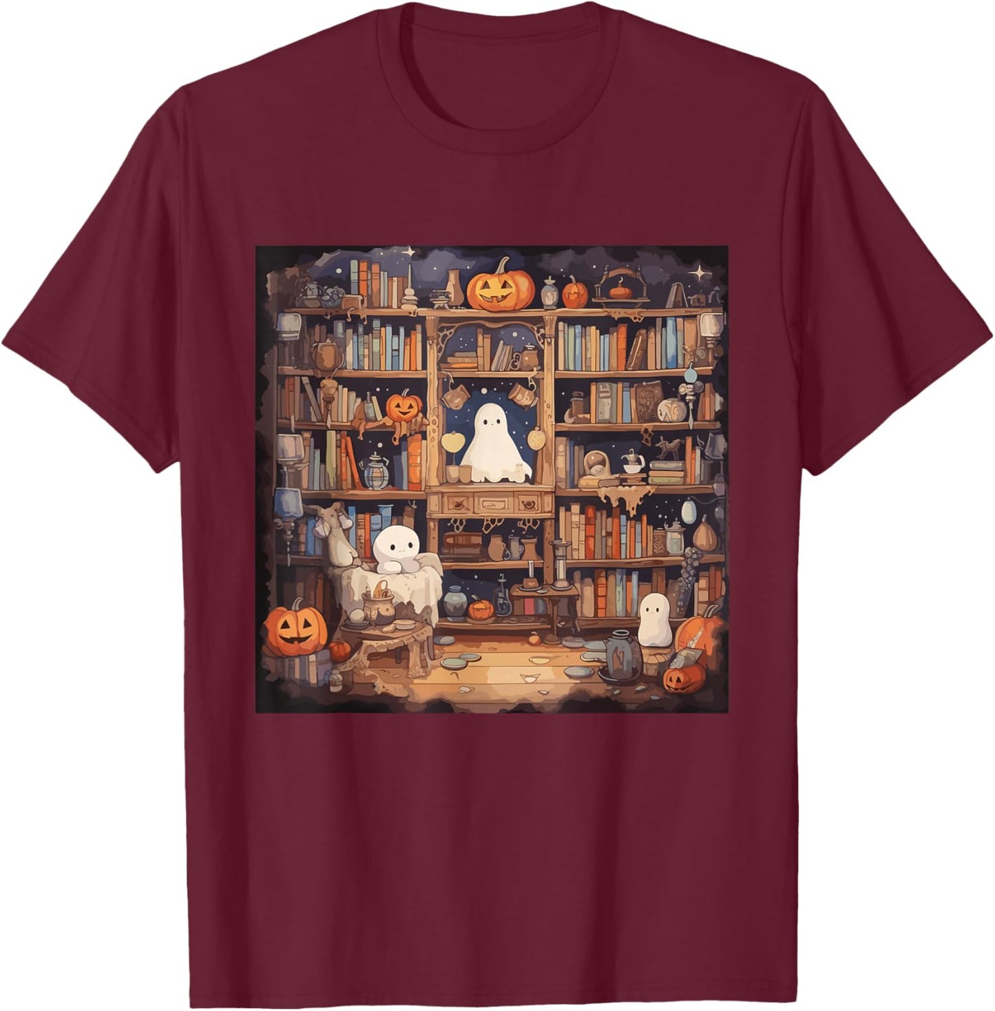 Cute Ghost Reading Books Halloween T-Shirt - T-Shirt | Maroon