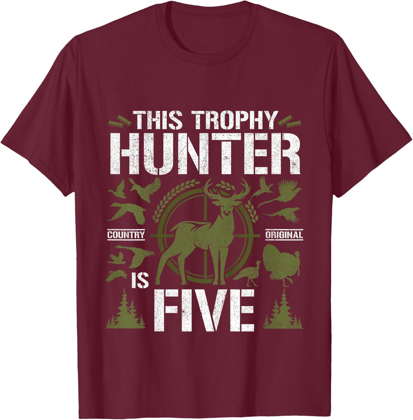 5 Year Old Hunting Birthday Party Duck Deer Hunter 5th Gift T-Shirt - T-Shirt | Maroon