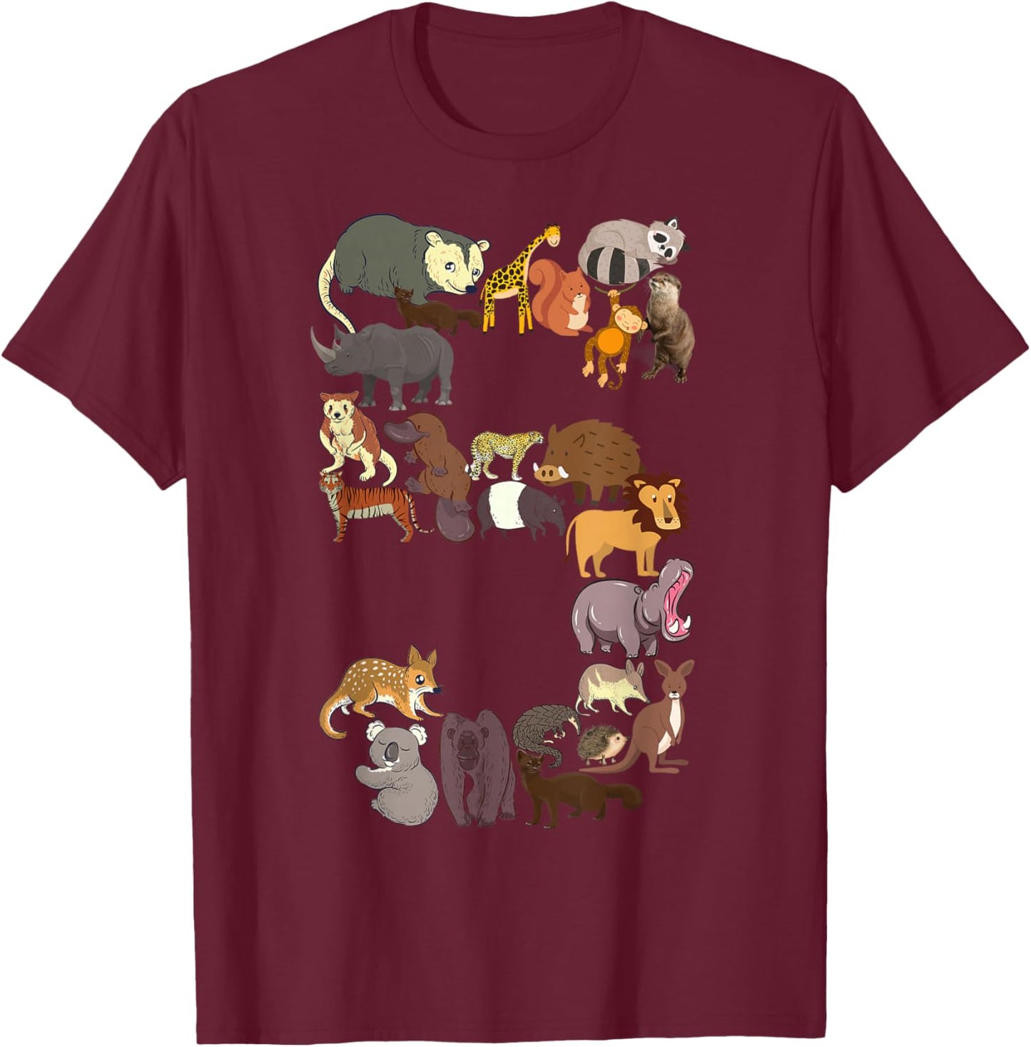 Fun 5th Birthday Safari Zoo Animals Figures Kids 5 Year Old T-Shirt - T-Shirt | Maroon