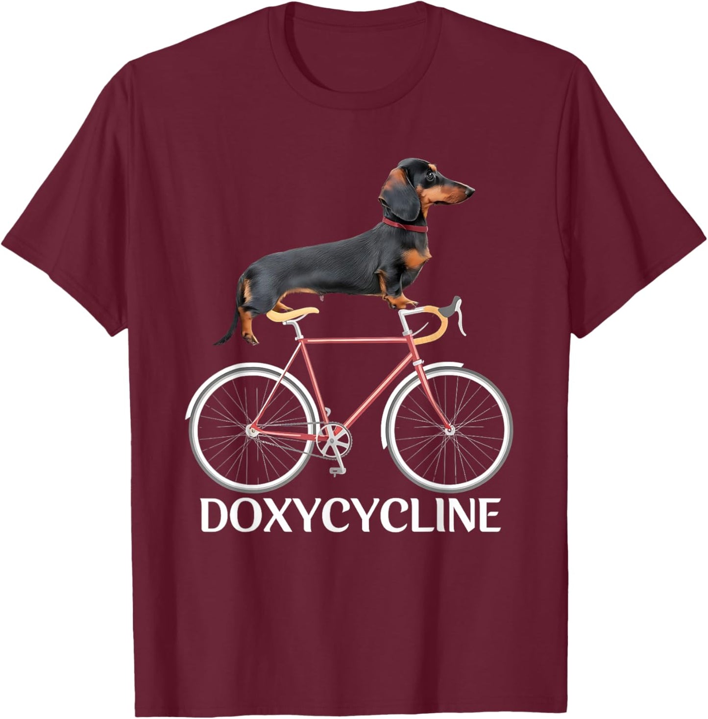 Dachshund on Bicycle Doxycycline Pharmacy Pun Dog Pharmacist T-Shirt - T-Shirt | Maroon