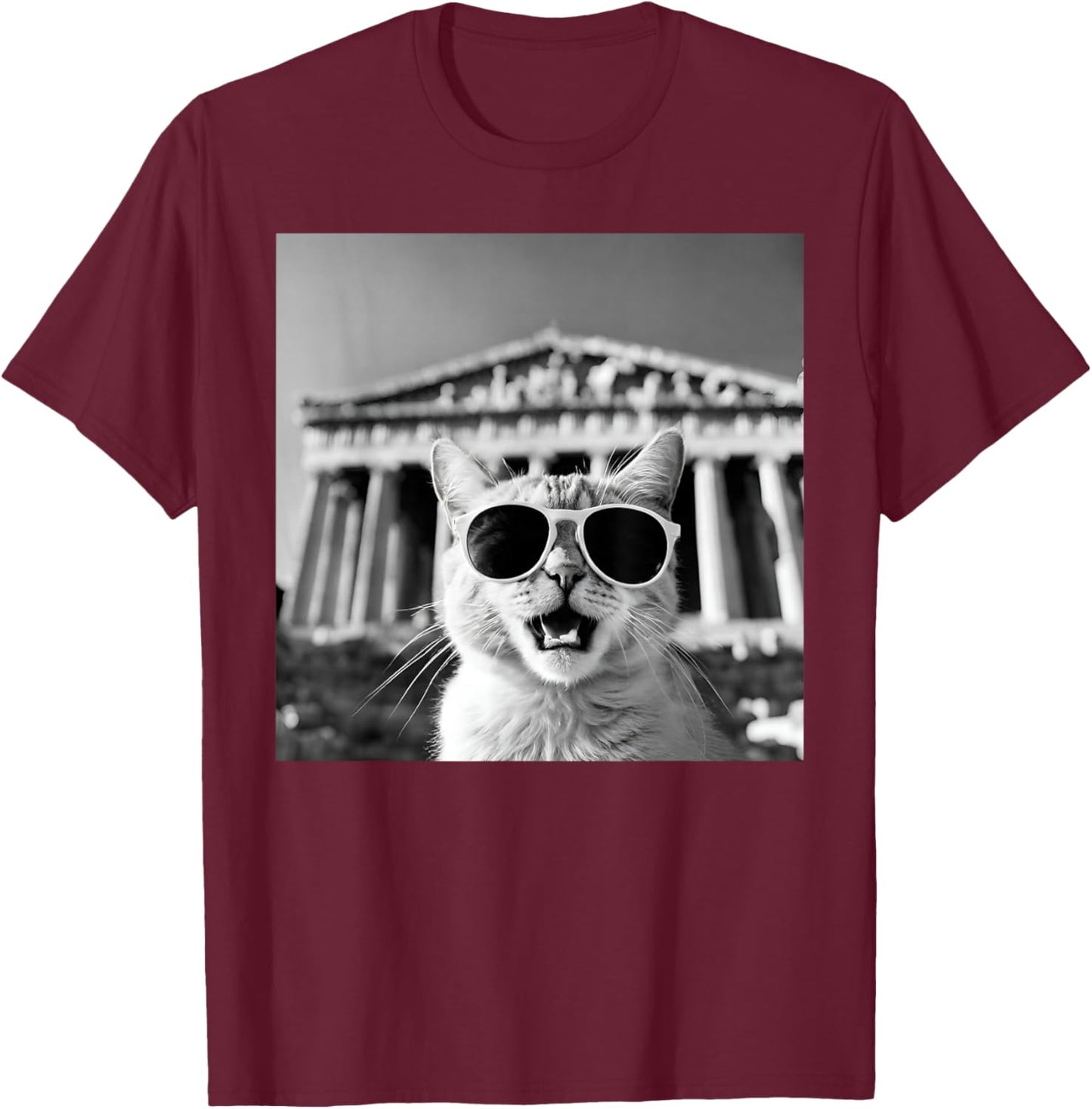 Funny Cat Wearing Sunglasses In Greece, Athens at Parthenon T-Shirt - T-Shirt | Maroon