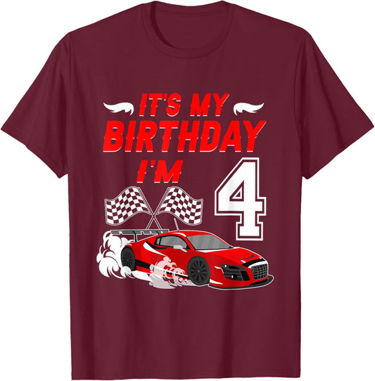 It's My 4th Birthday Boy Race Car Racing 4 Years Old T-Shirt - T-Shirt | Maroon